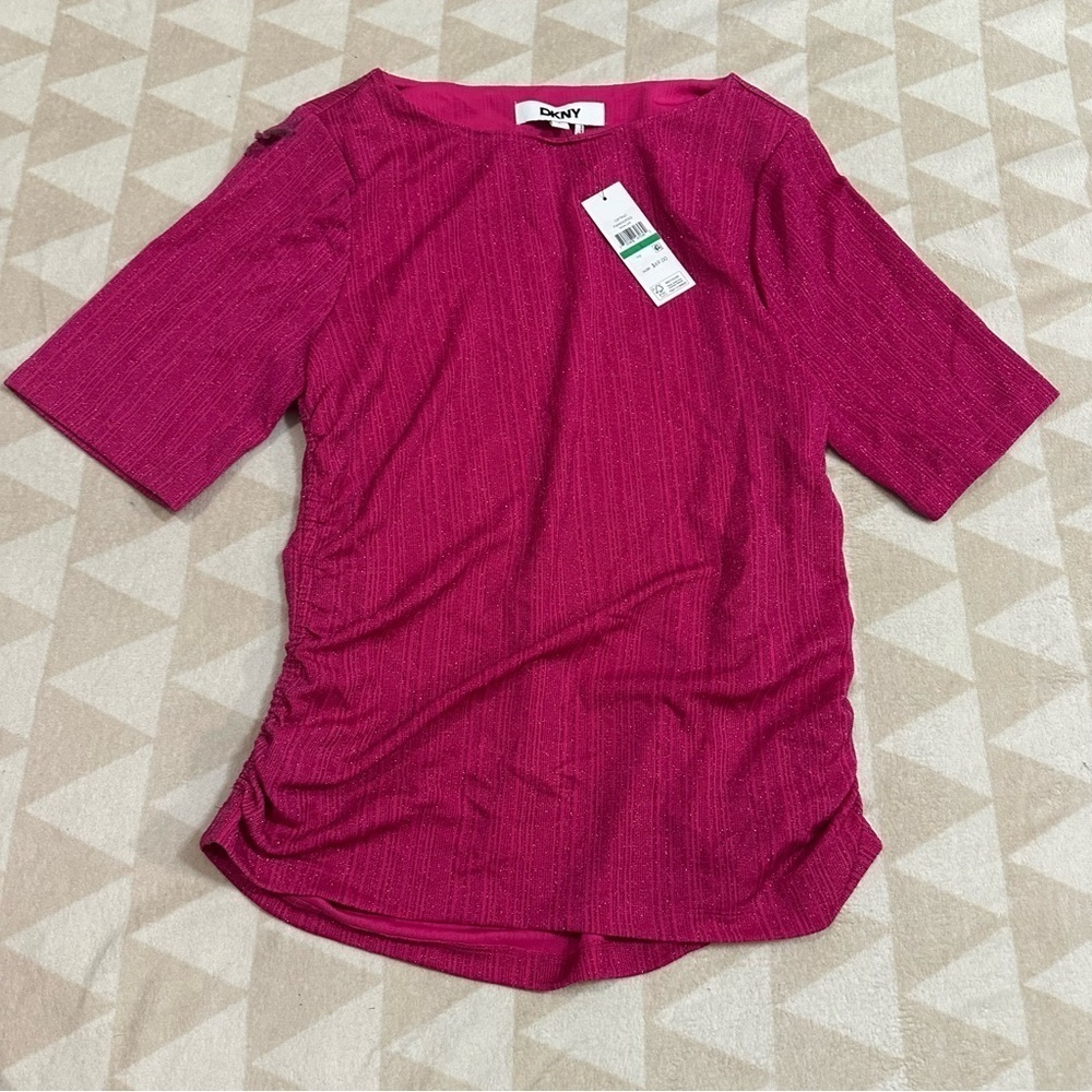 DKNY metallic festive pink half sleeve stretch blouse